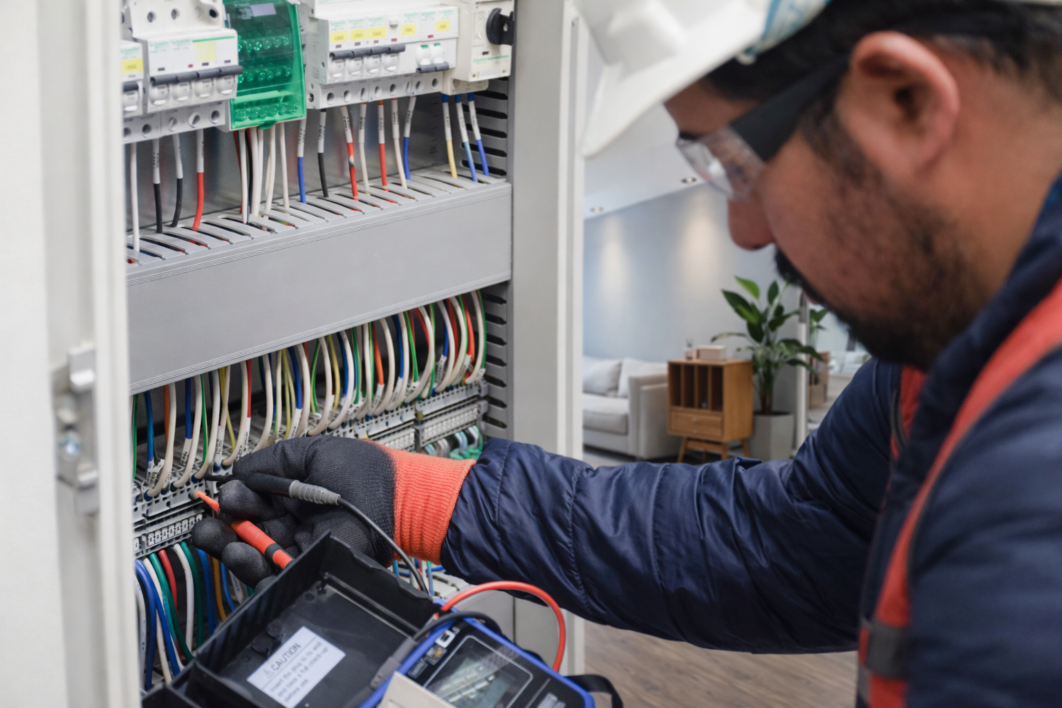 Electricista midiendo tablero eléctrico